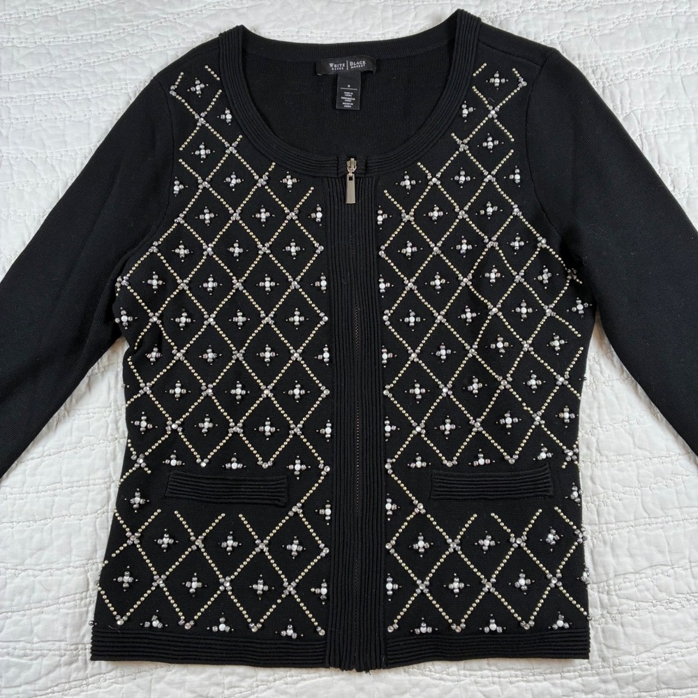 WHBM Beaded Pearl Embellished Zip Cardigan Sweater Black Small 3/4 Sleeve Class